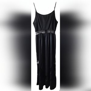 Gianni Bini GB Women's Black Satin Lace Spaghetti Strap Maxi Dress Lace Cutout L